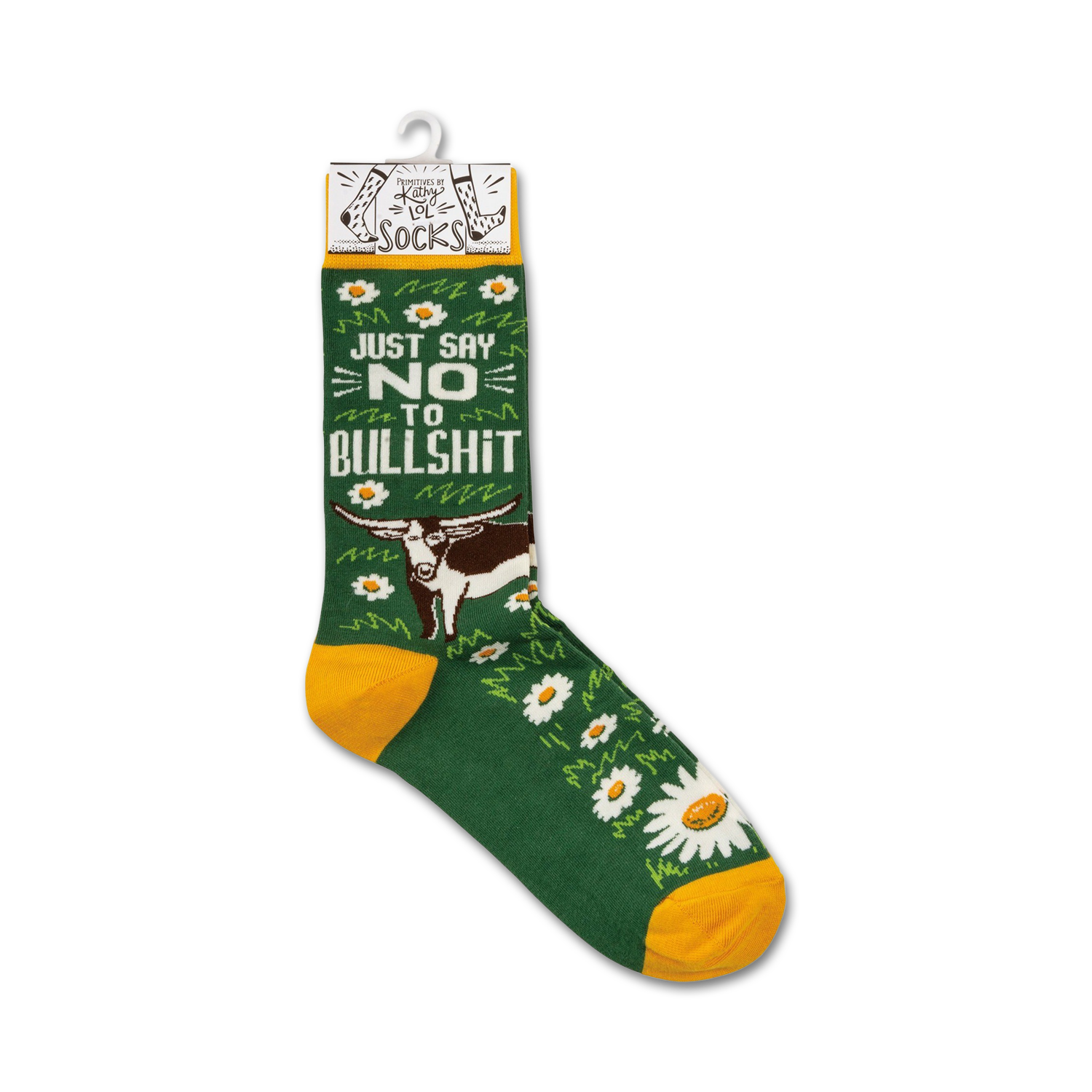 Product shot of 'Just Say No To Bullshit' socks on a retail hanger, showing the full sock design.
