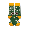 Crew socks in green with yellow cuffs. Design features daisies, a cow, and the phrase 'Just Say No To Bullshit'.