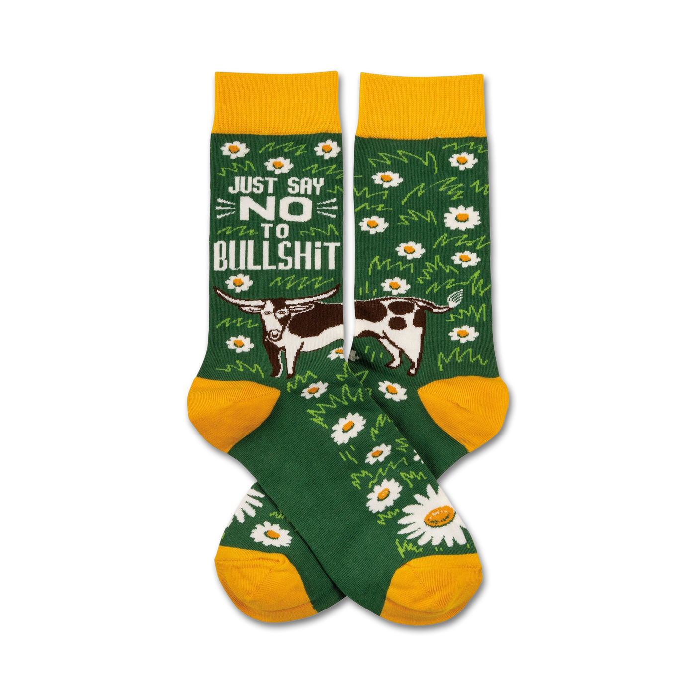 Crew socks in green with yellow cuffs. Design features daisies, a cow, and the phrase 'Just Say No To Bullshit'.