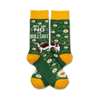 Crew socks in green with yellow cuffs. Design features daisies, a cow, and the phrase 'Just Say No To Bullshit'.