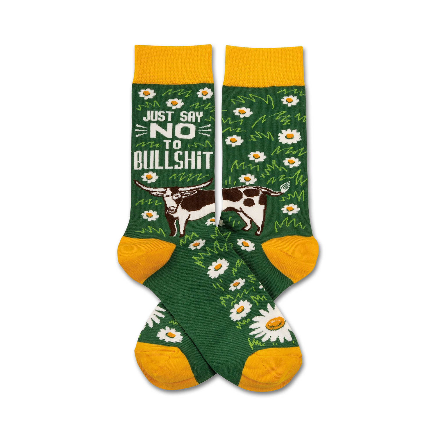 Crew socks in green with yellow cuffs. Design features daisies, a cow, and the phrase 'Just Say No To Bullshit'.