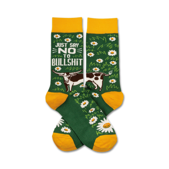 just say no to bullshit novelty socks. green, white, yellow crew socks. sassy sock sayings.  