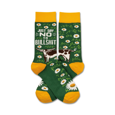 just say no to bullshit novelty socks. green, white, yellow crew socks. sassy sock sayings.  