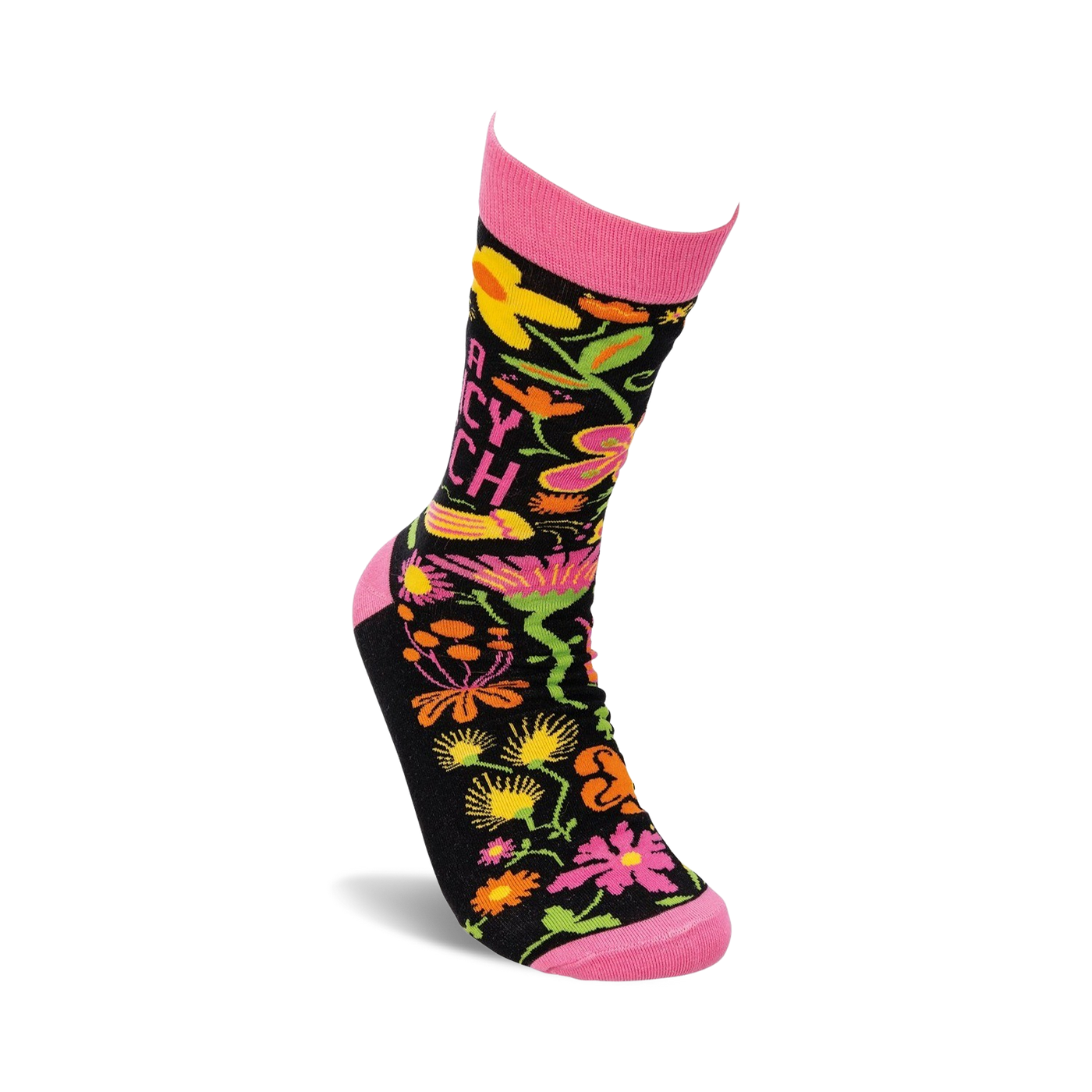 Lifestyle shot of 'I'm a Fancy Bitch' socks on a model's leg, showcasing the sock's design and fit.