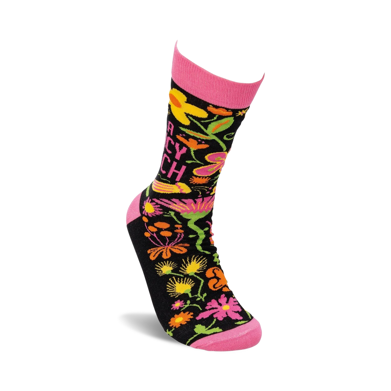 Lifestyle shot of 'I'm a Fancy Bitch' socks on a model's leg, showcasing the sock's design and fit.