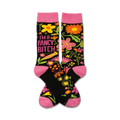 Pair of black crew socks with pink cuffs and toes. Features a floral design and the text 'I'm a Fancy Bitch' in pink.