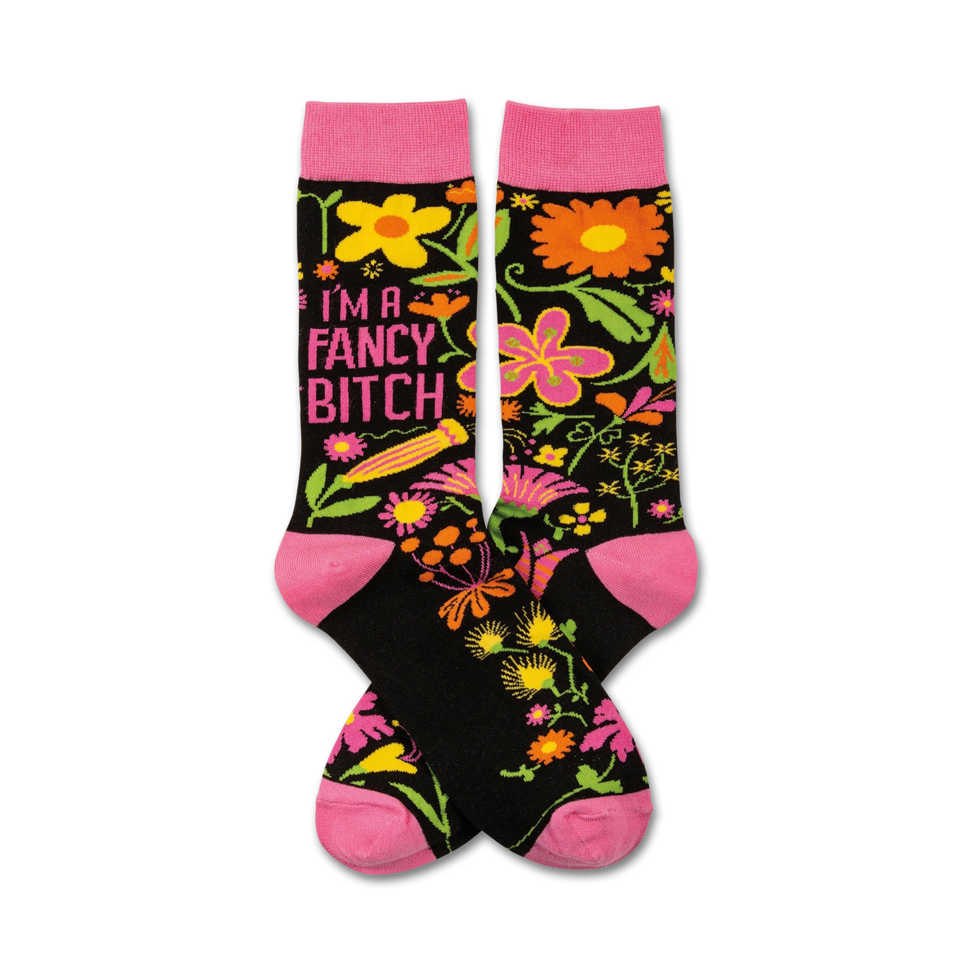 Pair of black crew socks with pink cuffs and toes. Features a floral design and the text 'I'm a Fancy Bitch' in pink.