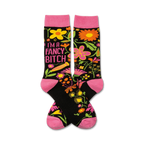 Pair of black crew socks with pink cuffs and toes. Features a floral design and the text 'I'm a Fancy Bitch' in pink.