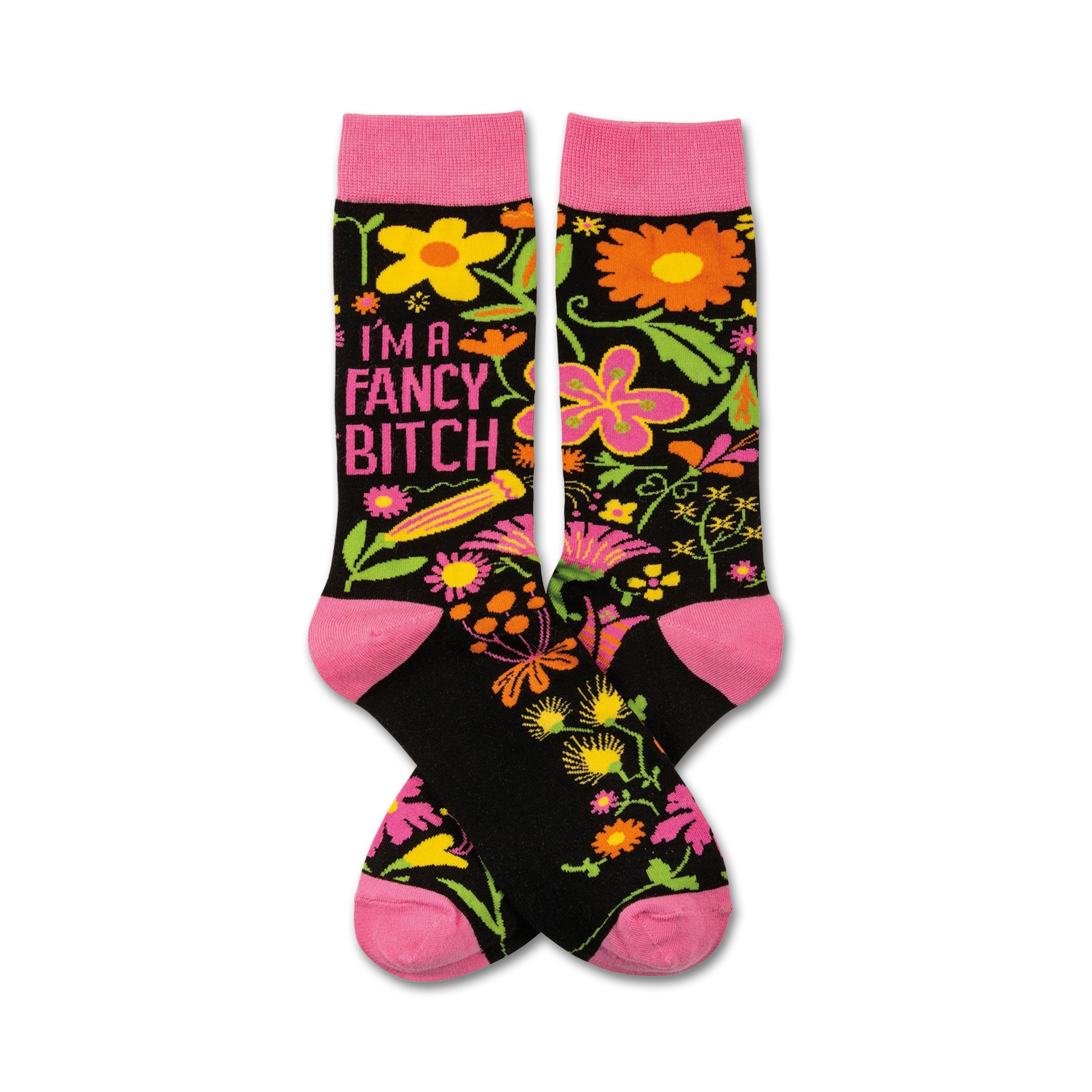 Pair of black crew socks with pink cuffs and toes. Features a floral design and the text 'I'm a Fancy Bitch' in pink.