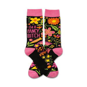  black floral crew socks with pink toes and heels for women   
