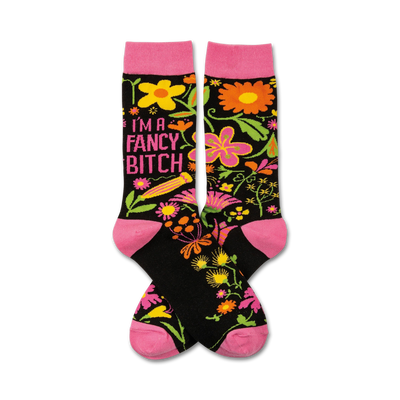  black floral crew socks with pink toes and heels for women   