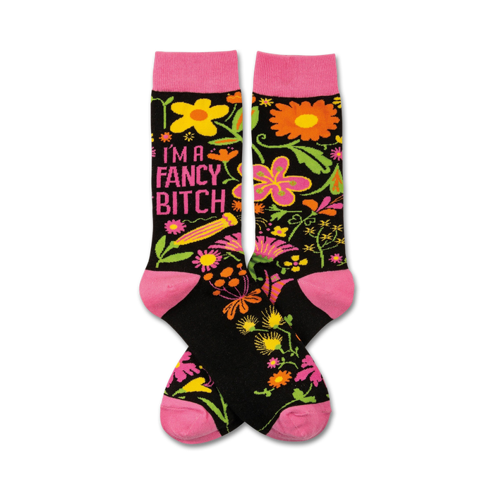  black floral crew socks with pink toes and heels for women   