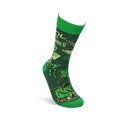 Single molded crew sock with deep green background, bright green accents, and a pattern of animated cucumbers.