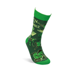 Single molded crew sock with deep green background, bright green accents, and a pattern of animated cucumbers.