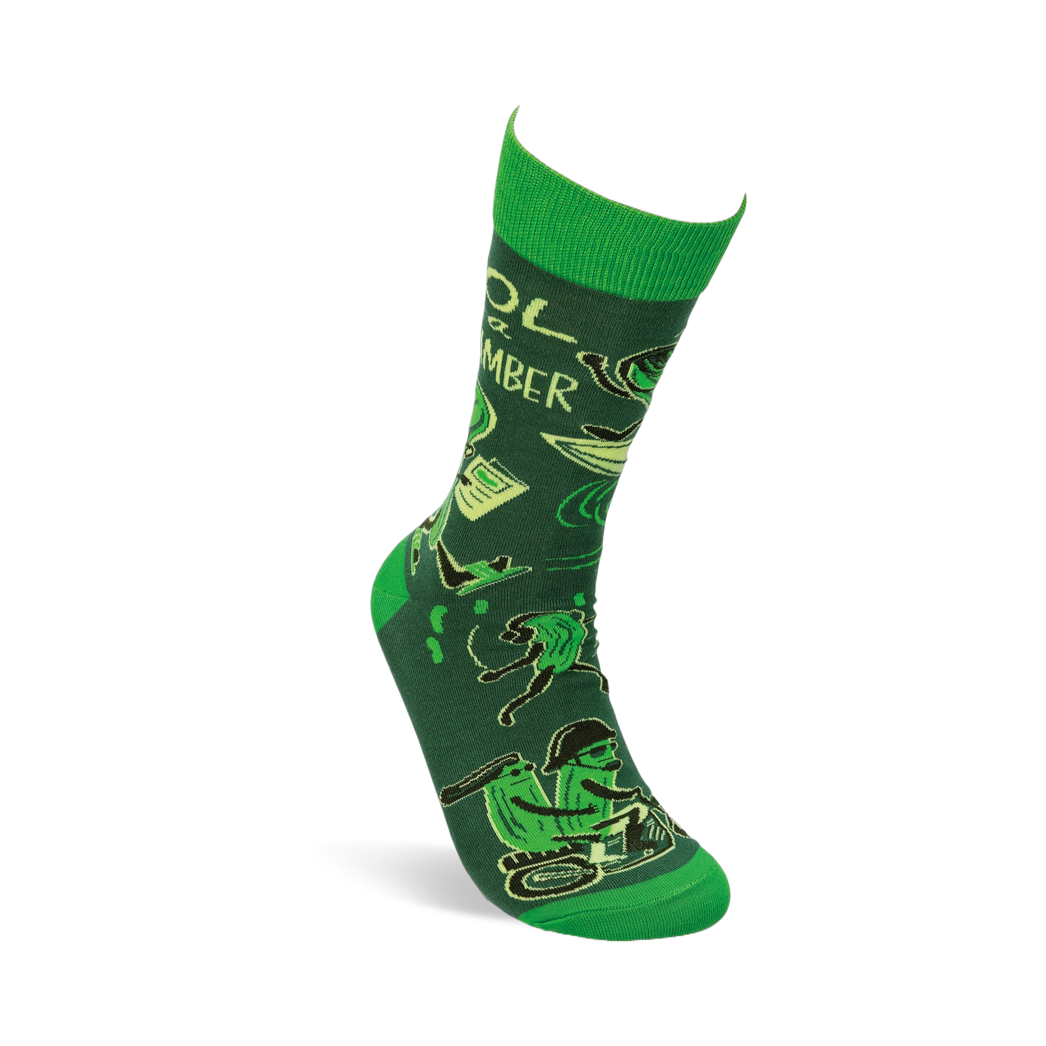 Single molded crew sock with deep green background, bright green accents, and a pattern of animated cucumbers.