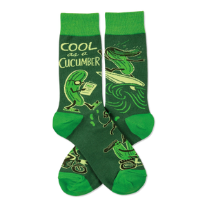 Pair of crew socks with deep green background, bright green cuffs, heels, toes, and cucumbers reading, surfing, on motorcycles.
