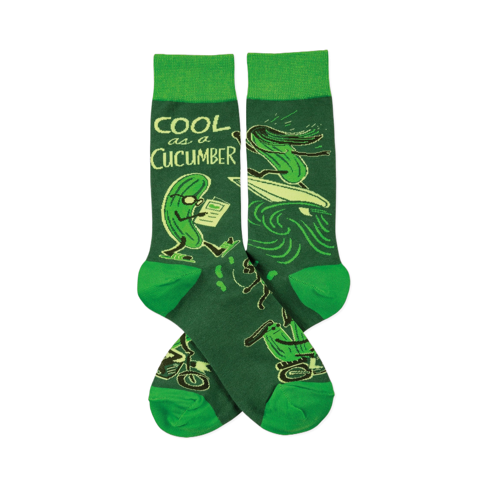 Pair of crew socks with deep green background, bright green cuffs, heels, toes, and cucumbers reading, surfing, on motorcycles.