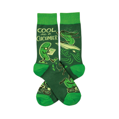 Pair of crew socks with deep green background, bright green cuffs, heels, toes, and cucumbers reading, surfing, on motorcycles.