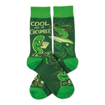 Pair of crew socks with deep green background, bright green cuffs, heels, toes, and cucumbers reading, surfing, on motorcycles.