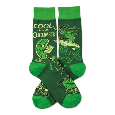 Pair of crew socks with deep green background, bright green cuffs, heels, toes, and cucumbers reading, surfing, on motorcycles.