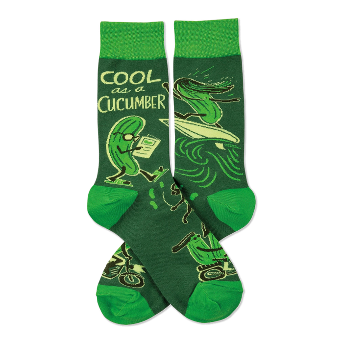 Pair of crew socks with deep green background, bright green cuffs, heels, toes, and cucumbers reading, surfing, on motorcycles.