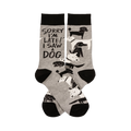 Pair of grey crew socks with black cuffs, heels, and toes, featuring white and black dogs and "SORRY I'M LATE! I SAW A DOG" text.