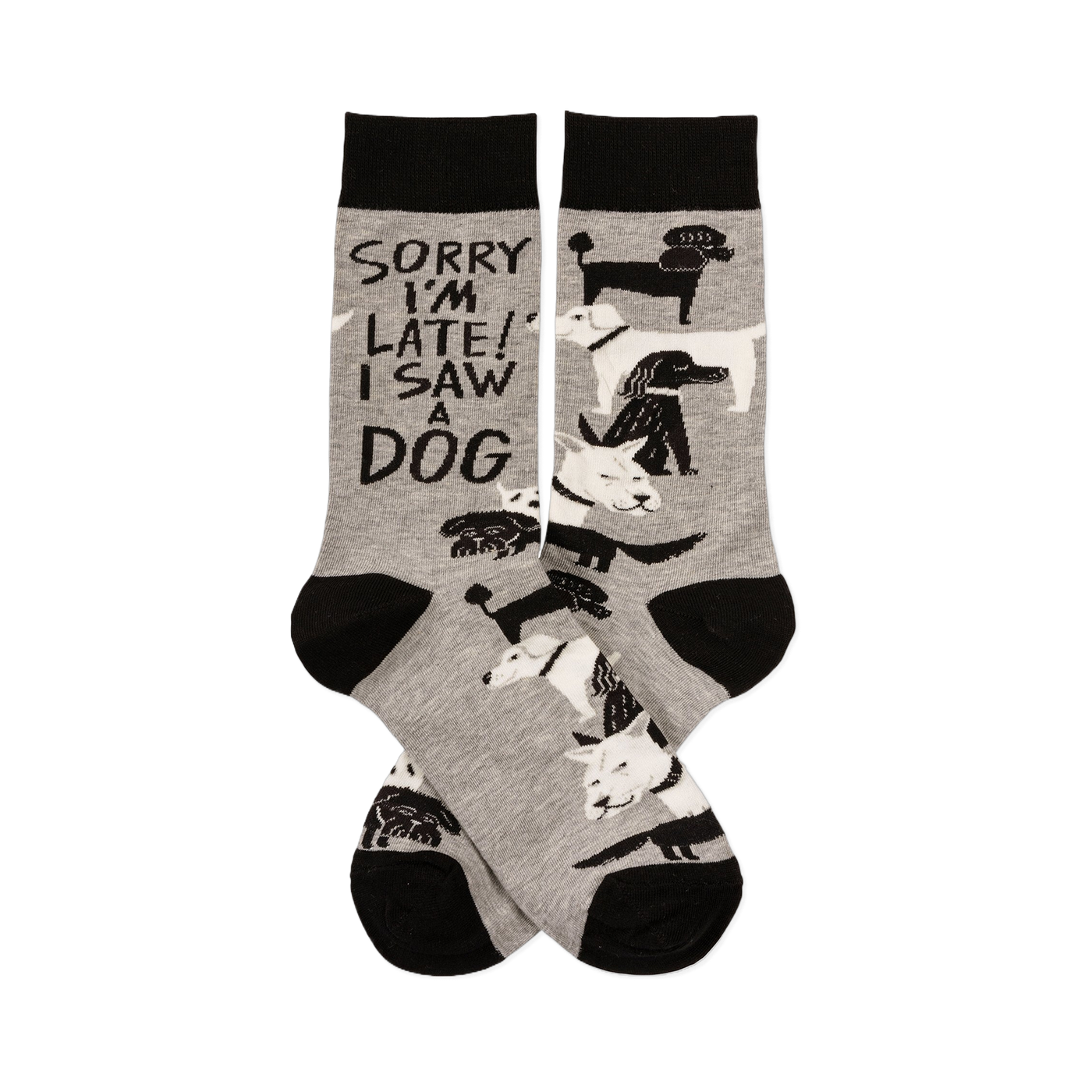 Pair of grey crew socks with black cuffs, heels, and toes, featuring white and black dogs and "SORRY I'M LATE! I SAW A DOG" text.