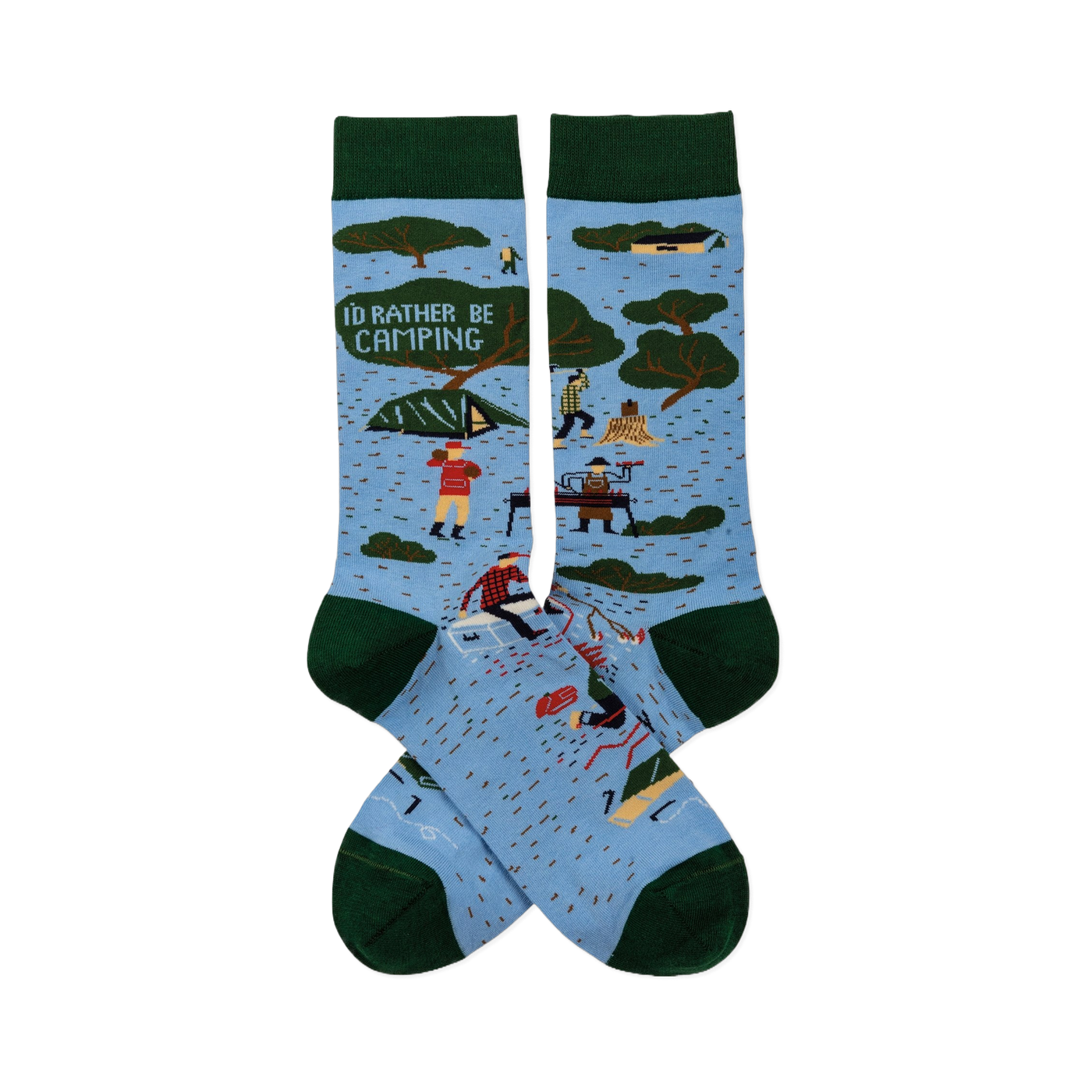 Pair of light blue crew socks with dark green trim. Features 'I'D RATHER BE CAMPING' text, trees, tents, and campers.