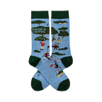Pair of light blue crew socks with dark green trim. Features 'I'D RATHER BE CAMPING' text, trees, tents, and campers.
