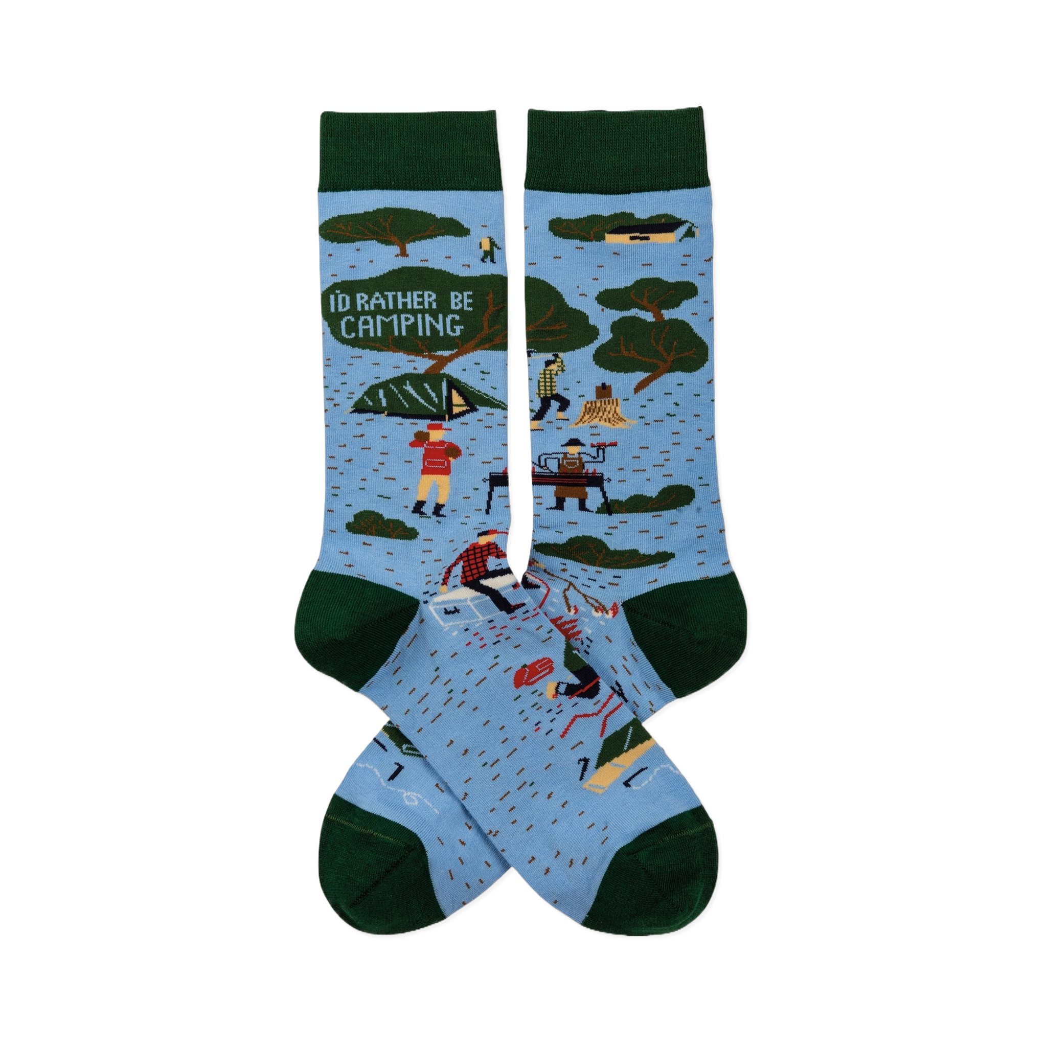 Pair of light blue crew socks with dark green trim. Features 'I'D RATHER BE CAMPING' text, trees, tents, and campers.