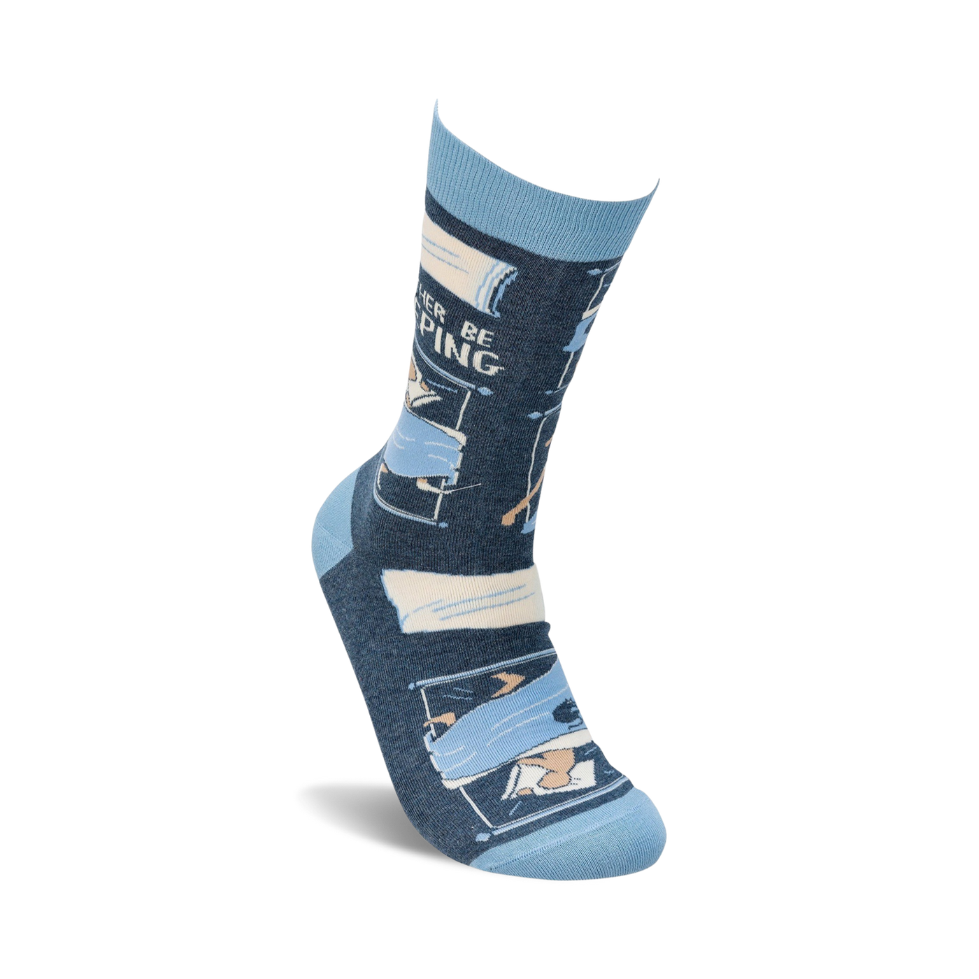 Lifestyle shot of a single 'I'd Rather Be Sleeping' sock displayed against a white background.