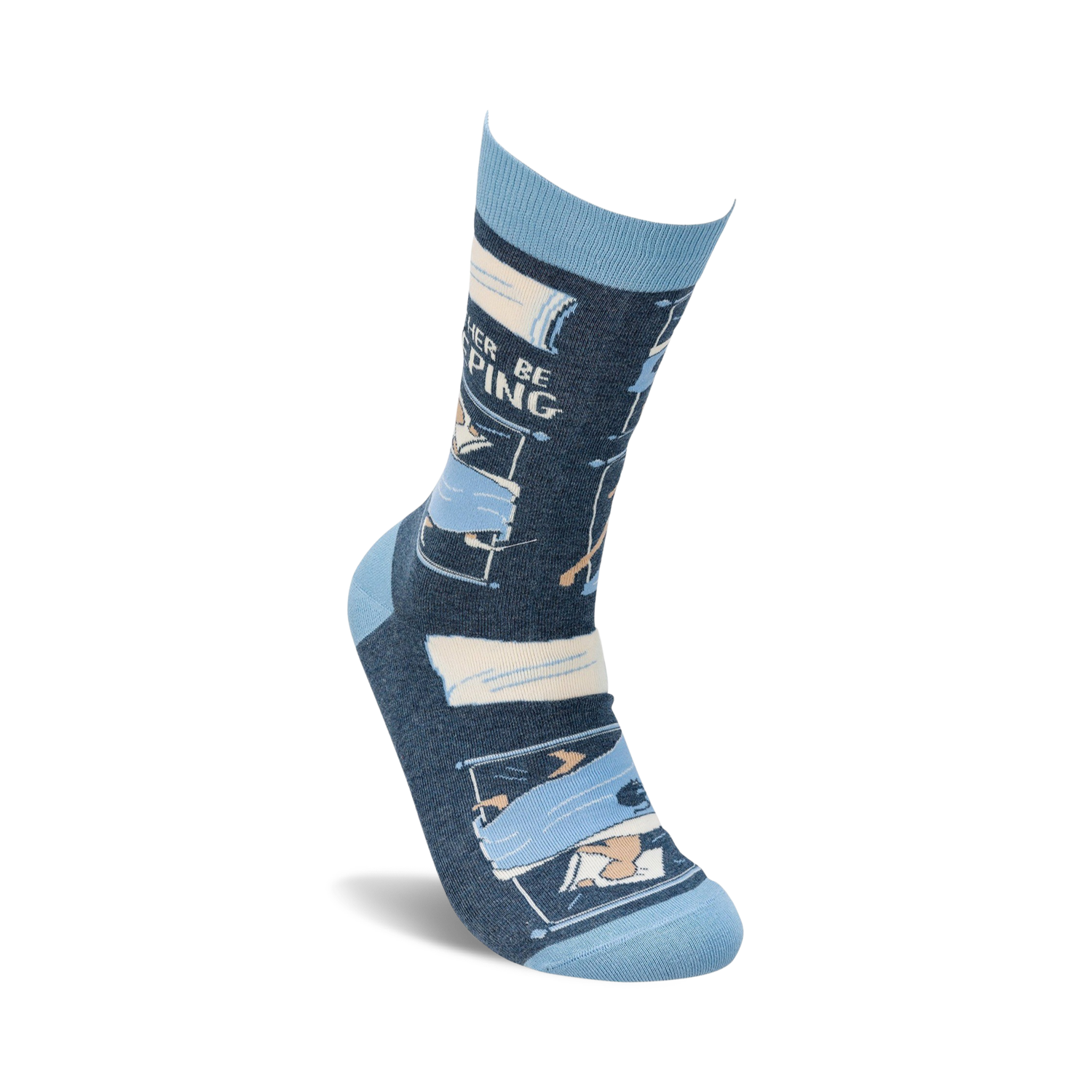 Lifestyle shot of a single 'I'd Rather Be Sleeping' sock displayed against a white background.