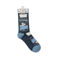 Close-up shot of a single 'I'd Rather Be Sleeping' sock hanging on a retail display hook.