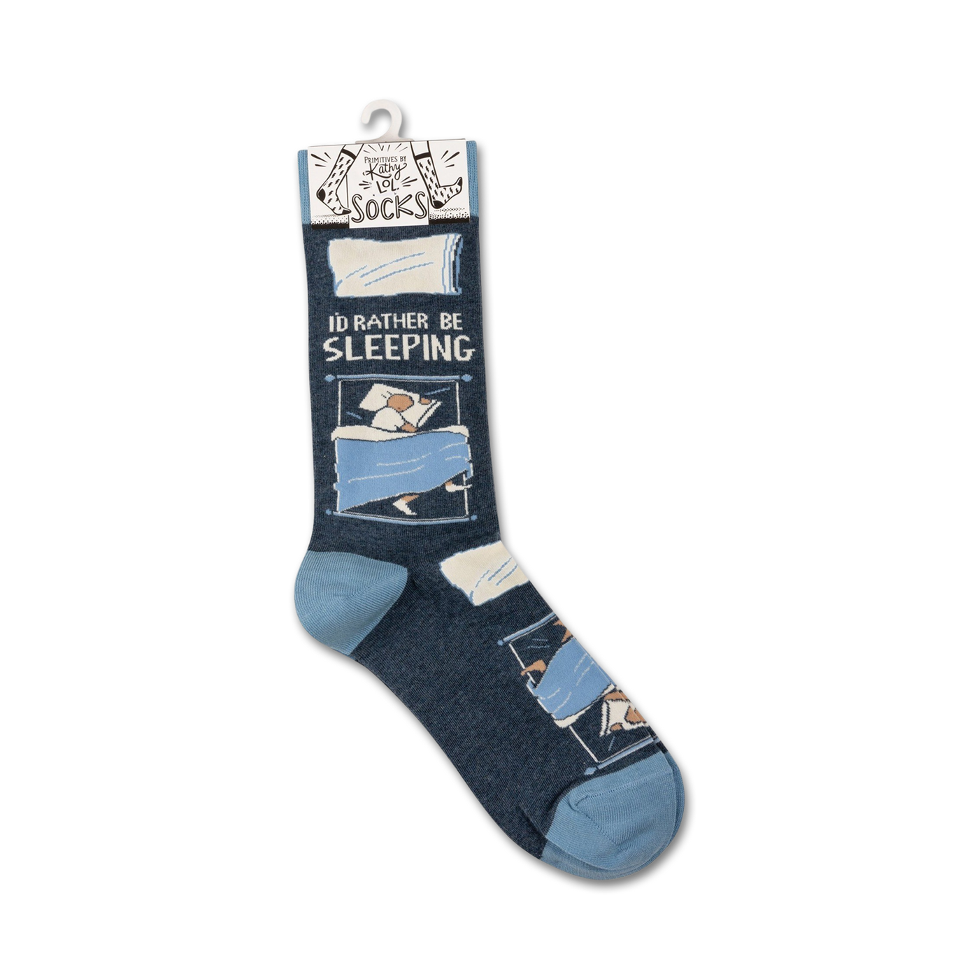 Close-up shot of a single 'I'd Rather Be Sleeping' sock hanging on a retail display hook.