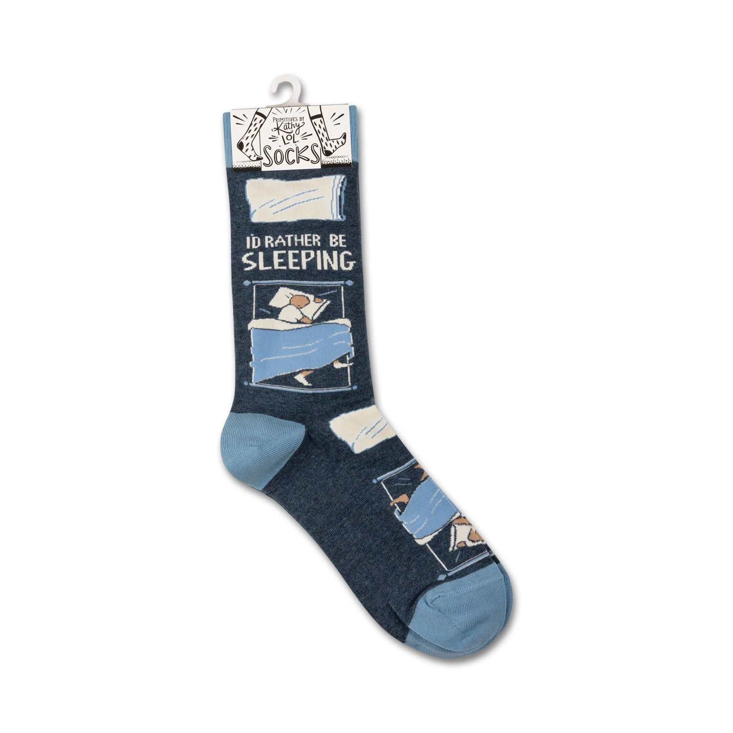 Close-up shot of a single 'I'd Rather Be Sleeping' sock hanging on a retail display hook.
