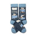 Pair of crew socks in blue and cream featuring illustrations of people sleeping.  The text 'I'd Rather Be Sleeping' is printed on the socks.