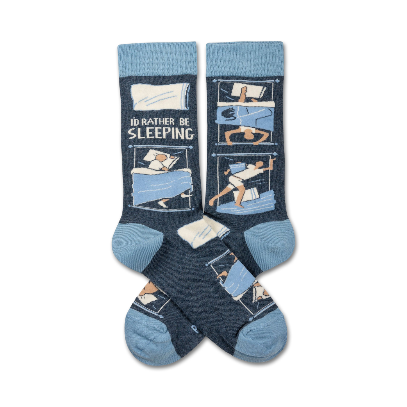 Pair of crew socks in blue and cream featuring illustrations of people sleeping.  The text 'I'd Rather Be Sleeping' is printed on the socks.