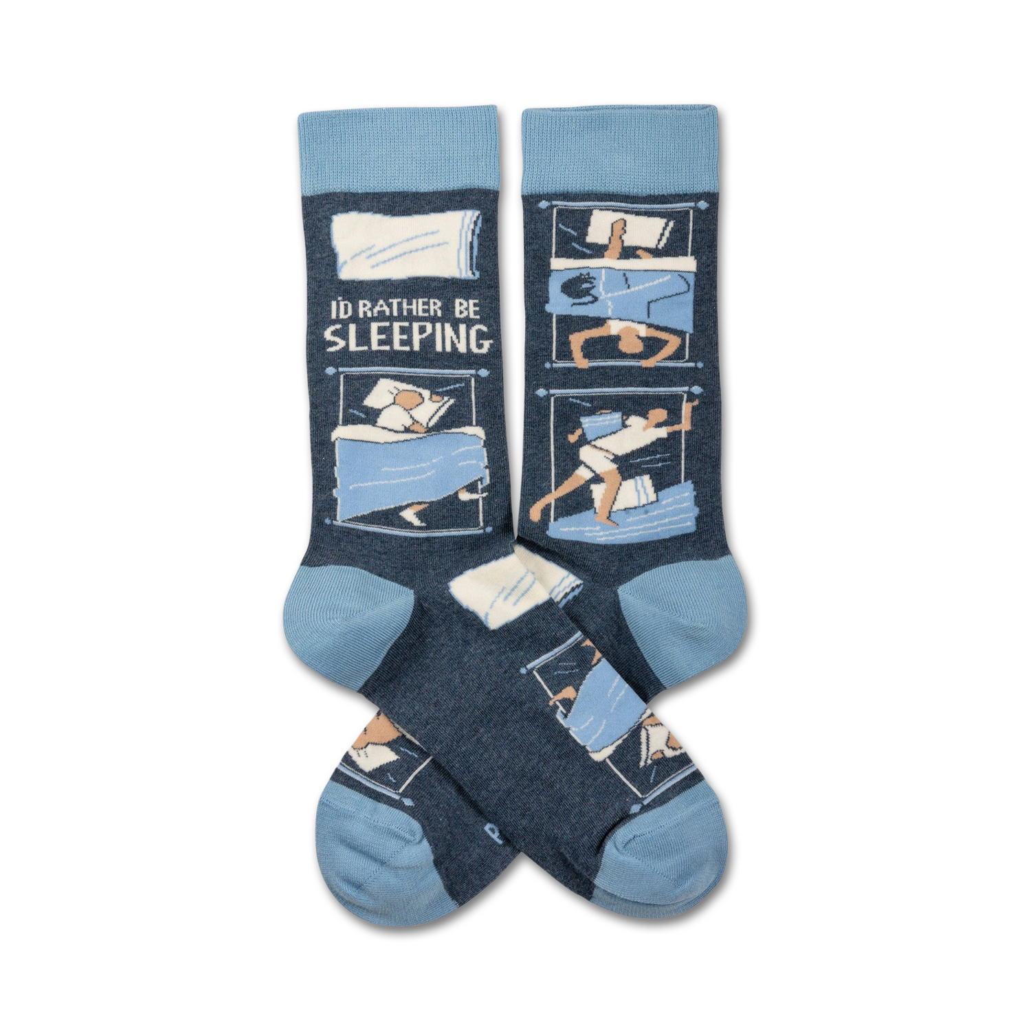 Pair of crew socks in blue and cream featuring illustrations of people sleeping.  The text 'I'd Rather Be Sleeping' is printed on the socks.