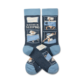 blue crew socks with a pattern of sleeping people and the words "i'd rather be sleeping" written on top.   