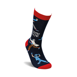 A pair of blue socks with a red toe, heel, and cuff. The socks have a repeating pattern of cartoon doctors in white coats and surgical masks. The socks are packaged on a cardboard display card with a plastic hanger tab. The card has a white background with a red stripe at the top and a blue stripe at the bottom. The words 