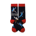 Pair of navy blue crew socks with a red cuff. The design features illustrations of doctors and nurses dancing, along with the text 'Awesome Doctor'.