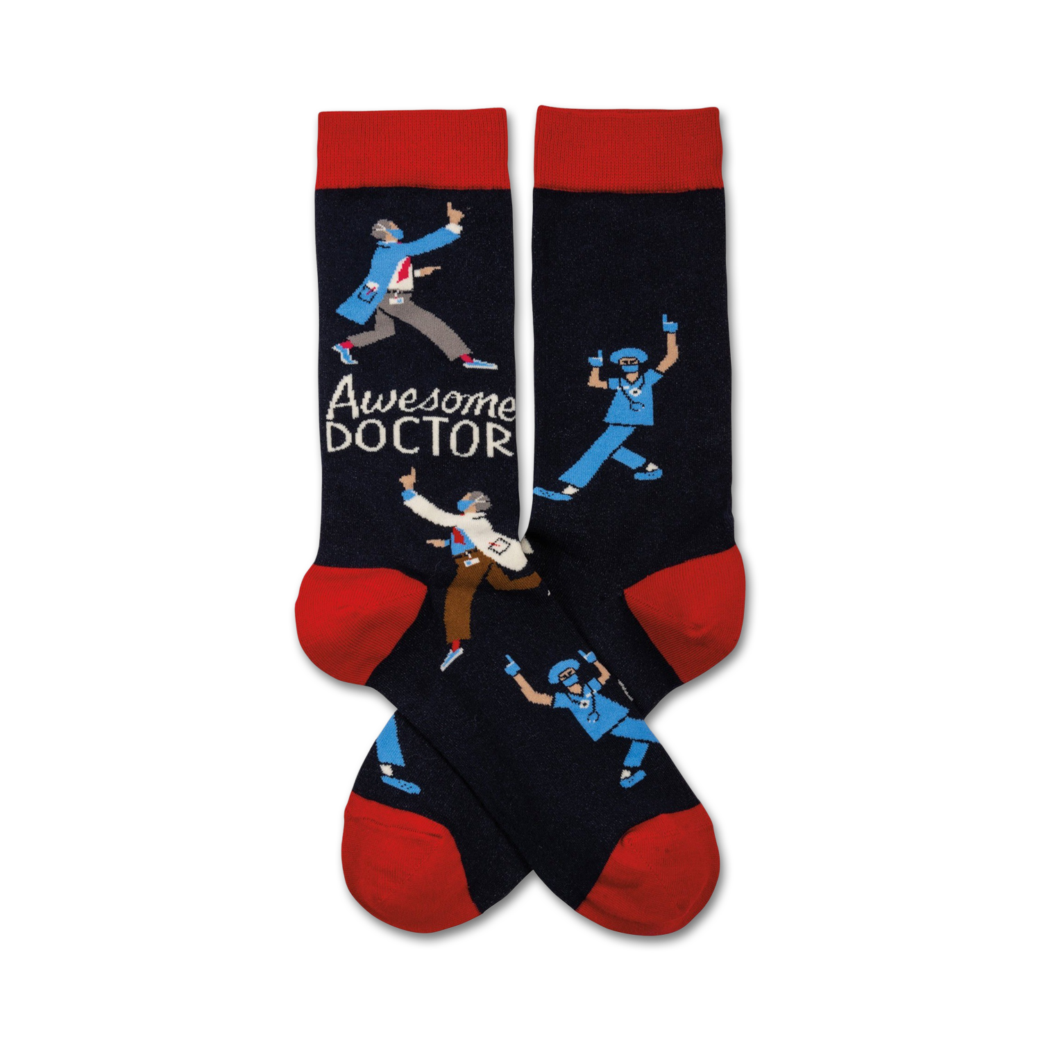 Pair of navy blue crew socks with a red cuff. The design features illustrations of doctors and nurses dancing, along with the text 'Awesome Doctor'.