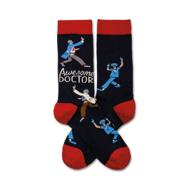  dark blue crew socks with a pattern of dancing cartoon doctors in white coats and surgical masks. text '{awesome doctor}' near the doctors.   