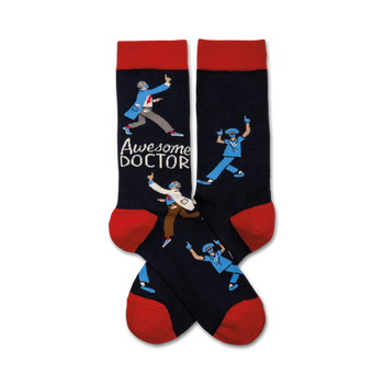 dark blue crew socks with a pattern of dancing cartoon doctors in white coats and surgical masks. text '{awesome doctor}' near the doctors.   