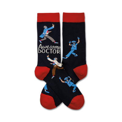  dark blue crew socks with a pattern of dancing cartoon doctors in white coats and surgical masks. text '{awesome doctor}' near the doctors.   