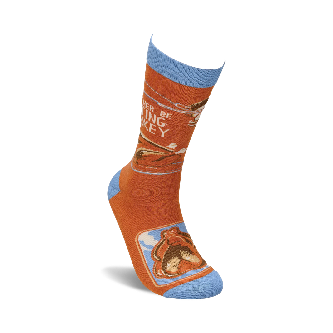Close-up product shot of a single 'I'd Rather Be Eating Turkey' sock, showcasing the detailed design.