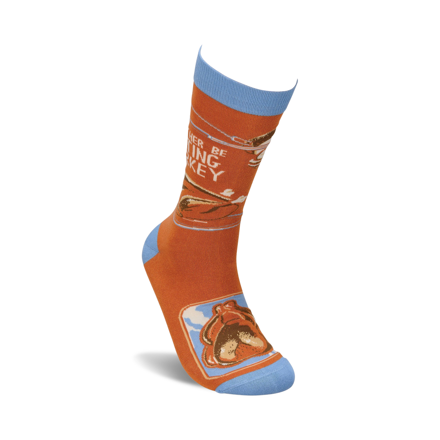 Close-up product shot of a single 'I'd Rather Be Eating Turkey' sock, showcasing the detailed design.