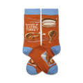 Pair of crew socks in orange and light blue. The socks feature a Thanksgiving-themed design with a roasted turkey and the text 'I'd Rather Be Eating Turkey'.
