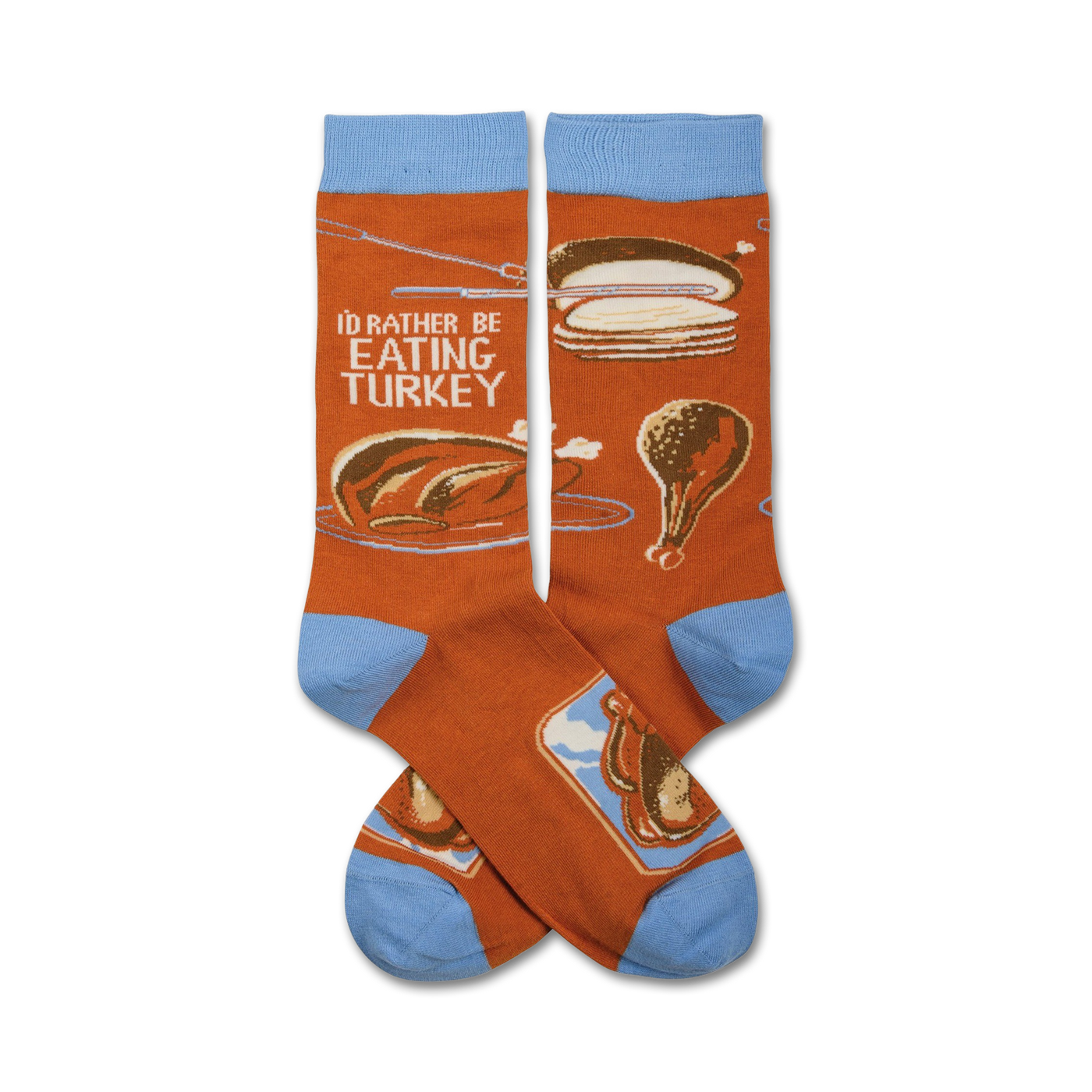 Pair of crew socks in orange and light blue. The socks feature a Thanksgiving-themed design with a roasted turkey and the text 'I'd Rather Be Eating Turkey'.