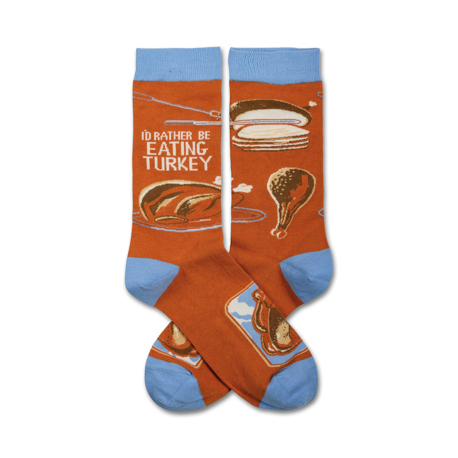 Pair of crew socks in orange and light blue. The socks feature a Thanksgiving-themed design with a roasted turkey and the text 'I'd Rather Be Eating Turkey'.
